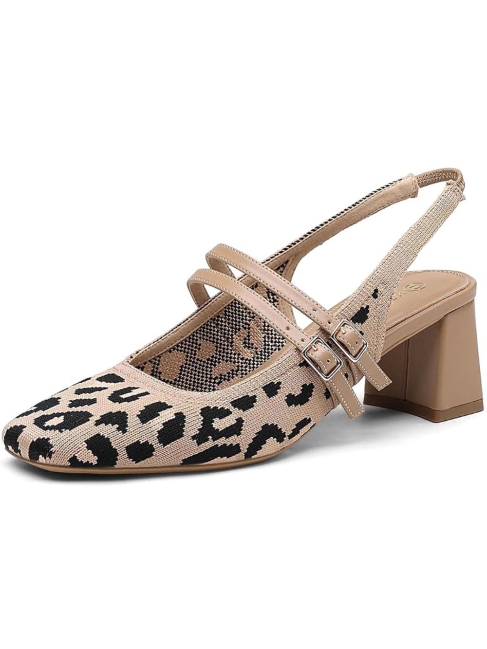 NEWBELLA Leopard Knit Mary Jane Chunky Low Heel Slingback Pump Square Toe 8.5